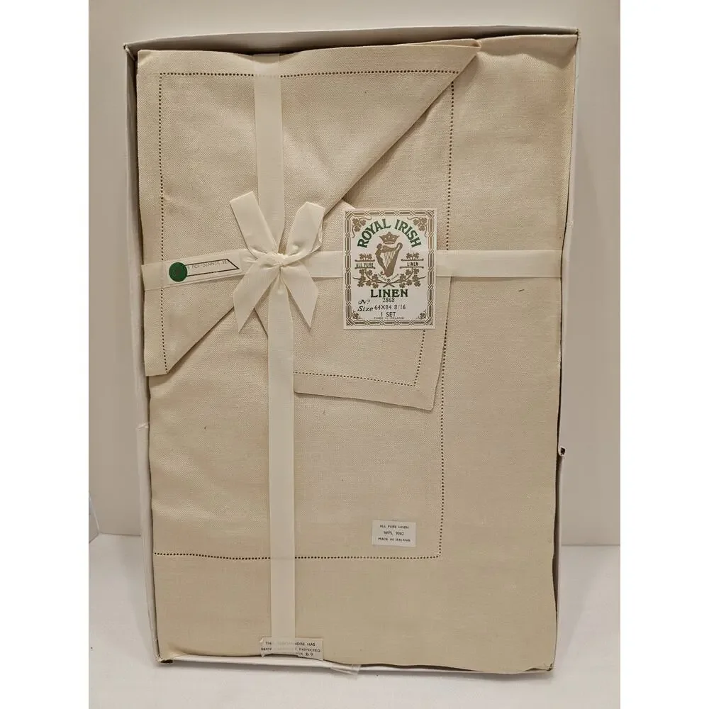 Vintage Irish Linen 64x84 Banquet Tablecloth & 8 Matching Napkins Ivory‎ In Box